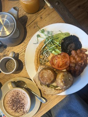 Vegan breakfast with optional hash browns. Tea and coffee with plant-based milks.  at Good Vibes Cafe in Falmouth