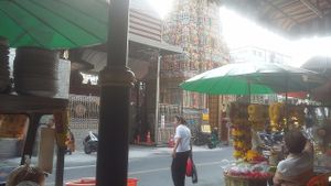 Pan street Hindu temple as seen from the table. To illustrate the actual location of the food stand. at Pan Road - Vegan Food Cart in Bangkok