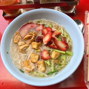 Noodle soup with tofu, mock meats and vegetables  at Pan Road - Vegan Food Cart in Bangkok