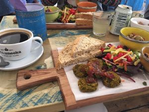 Vegan falafel mezze platter (worth it for the chilli jam alone) at Cafe Uneeka in Truro
