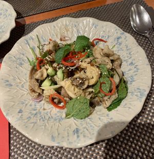 Tamarind mushrooms & greens  at Giggling Squid in Horsham