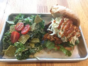 Bbq sandwich with kale Caesar salad at Living Kitchen in Chapel Hill