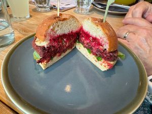 Spiced Beetroot Burger at Hole Foods Deli & Cafe in Mousehole