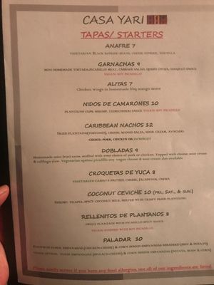 tapas menu  at Casa Yari in Chicago