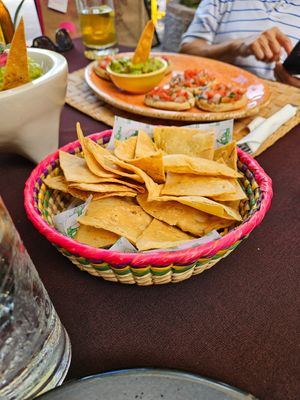Totopes. Freshly made chips served with salsa at Mi Loreto in Loreto