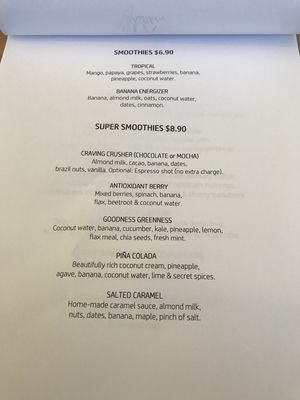 Menu at LYV in Brisbane