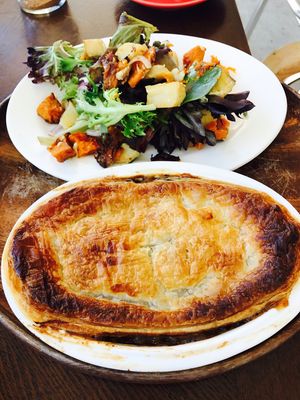 Mince and mushroom pie with roasted vegetable salad at LYV in Brisbane
