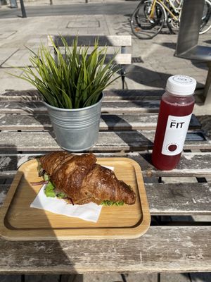 Vegan foie gras croissant. Raspberry juice at Madal Coffee Co - Ferenciek Tere in Budapest