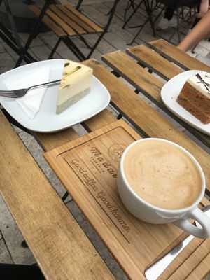 Dirty chai latte with oat milk, vegan Matcha cake and vegan carrot cake   at Madal Coffee Co - Ferenciek Tere in Budapest