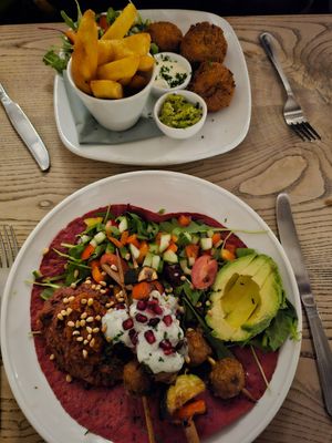 Vegan Lebanese Flatbread and Walnut Tree Fish Cakes. at The Walnut Tree in Eye