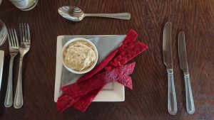 Beetroot bread and humous starter. at The Walnut Tree in Eye