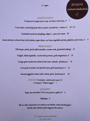 Menu  at Beguta Taimetoidukohvik in Haapsalu