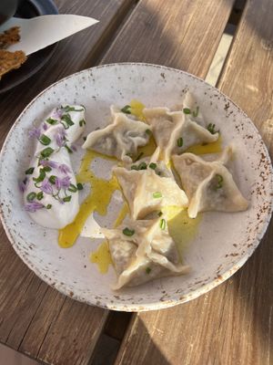 Handmade mushroom dumplings  at Beguta Taimetoidukohvik in Haapsalu