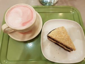 Vegan cake and beetroot latte at Oh My Green in Budapest
