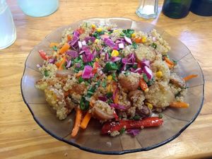 Vegetarian and vegan lunch option that comes with fresh lemonade and bruscetta with tomato and onion at Kusikanki in Tilcara