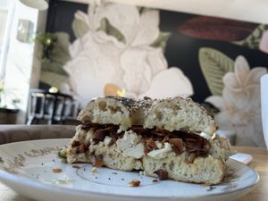 So delicious! Coconut bacon scram and “cheese” on jalapeño everything bagel   at Seed to Sprout Bakery in Wanamassa