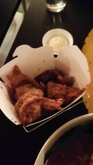 bucket of fried jackfruit wontons (v) AUD14
soy caramel, vegan kewpie
 at Lucky Chan's Laundry and Noodle Bar in Northbridge