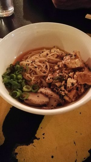 2. send me noodz (vo, gfo)
wheat noodles, brothless, mixed through with dragon sauce and garlic oil. we chose shitake shrooms and tofu.
 at Lucky Chan's Laundry and Noodle Bar in Northbridge