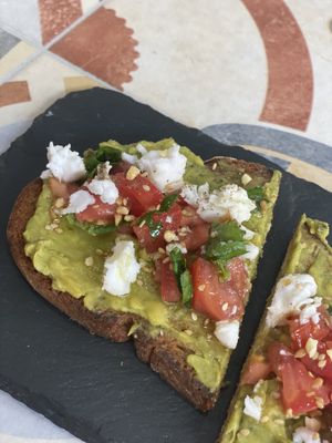 vegan feta, avocado, etc on toast at Roots in Tenerife