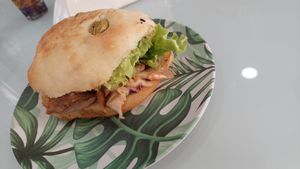 Panfocaccia with vegan pulled pork and coleslaw at Roots in Tenerife