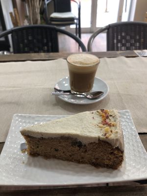 Carrot cake and oat cortado  at Roots in Tenerife