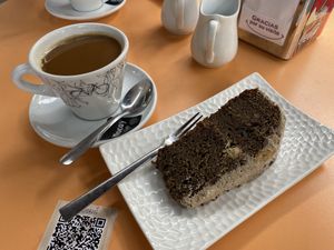 Chocolate and coffee cake with a coffee and almond milk   at Roots in Tenerife