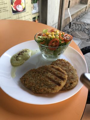 Salad and Saitan Steaks at Roots in Tenerife