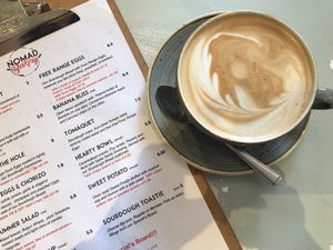 Almond latte and some of Nomad Bakery's current menu (July 2017) at Nomad Bakery in Reading