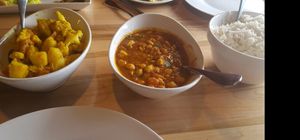 Chana masala, aloo gobi, and basmati rice at Zaika Indian Cuisine in Broomfield