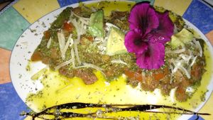 Raviolis con aguacate at Chiki Beach Club in Malaga