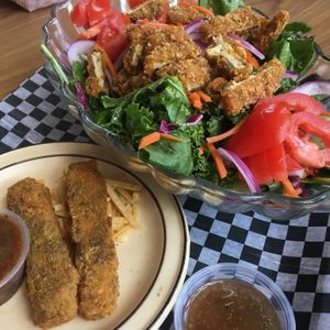 KFT salad (huge portion) and a side of tofish sticks at Gooseberries in St Louis