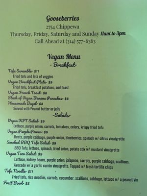 Separate vegan menu - front at Gooseberries in St Louis
