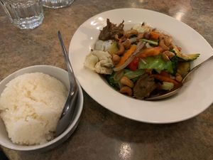 Stir fried beg with cashew and mushroom meat and sticky rice. So good!  at Siam Purity in Broadbeach