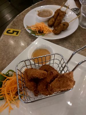 Calamari & Satay chicken skewers at Siam Purity in Broadbeach