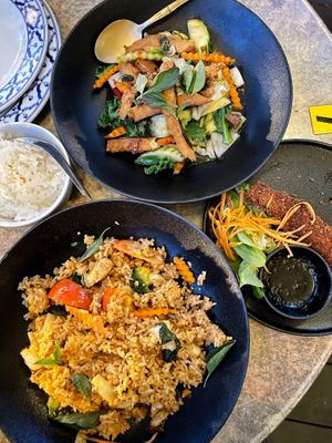 “Fish” pad cha, sticky rice and tom yum fried rice  at Siam Purity in Broadbeach