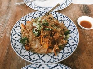 Pad Thai - noodles were really great, seems freshly made but unsure if they make it in-house, crunchy carrots and great textures, we asked for vegan chicken to be added through it. at Siam Purity in Broadbeach