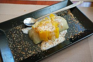 Banh nep mit (made from sticky rice + jackfruit) at La Palanche d'Aulac in Paris