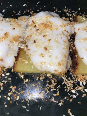 A cake made from cassava, coconut cream and mung bean at La Palanche d'Aulac in Paris