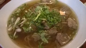 Hủ Tiếu Khô,  10,50€,
Vietnam's popular soup soup: rice pasta served in a vegetable broth flavored with spices, accompanied by vegetable meat and aromatic herbs. at La Palanche d'Aulac in Paris