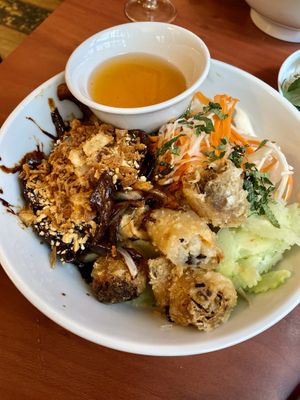 Noodles, veggies, and spring rolls at La Palanche d'Aulac in Paris