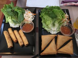Lumpia (stuffed with bamboo, smoked tofu and leek) and samosa (stuffed with plant based meat, veggies and bamboo) at La Palanche d'Aulac in Paris