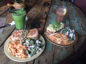 Vegan tuna panini and vegan egg mayo n cress on toast, with selection of salads at Sukha Essentials in Bournemouth