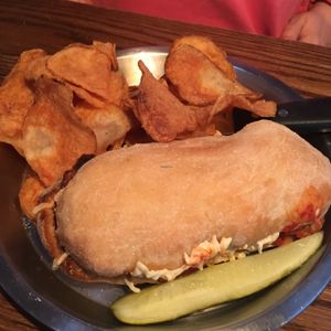 Vegan chicken parm hero with house baked kettle chips  at Brix in Cortland