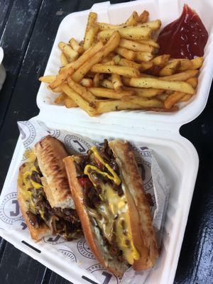 Philly cheese steak and fries  at Jake's Vegan Steaks in North London