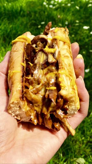 Philly Cheezesteak Sandwich cut in half. at Jake's Vegan Steaks in North London