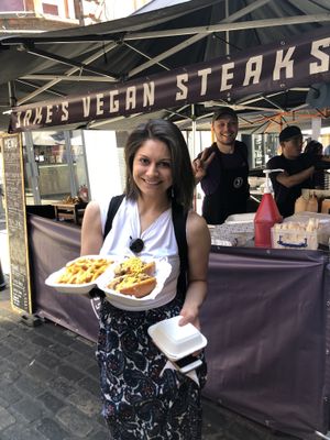 Street food at its best. Just look out for the purple and white and the big smiles!  at Jake's Vegan Steaks in North London