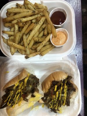 Philly Cheesesteak Sandwich with Thyme Fries at Jake's Vegan Steaks in North London