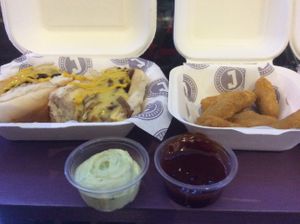 Chick'n Parmi Sarni and sauces at Jake's Vegan Steaks in North London