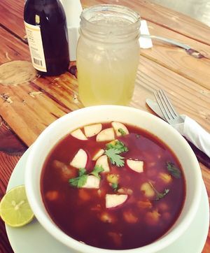 Vegan mushrooms pozole at Madre Tierra in Hermosillo