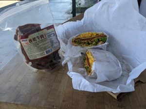 Vegan jerky and Italiano sandwich at San Diego Vegan Market in San Diego